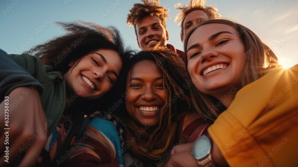 A group of young people friends of different nationalities taking selfies and smiling. Portrait, close-up. Group photo A group of young people friends of different nationalities taking selfies and smiling. Portrait, close-up. Group photo