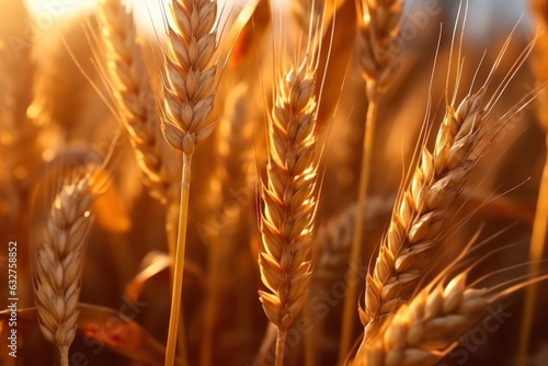 Close up of golden wheat field during sunset