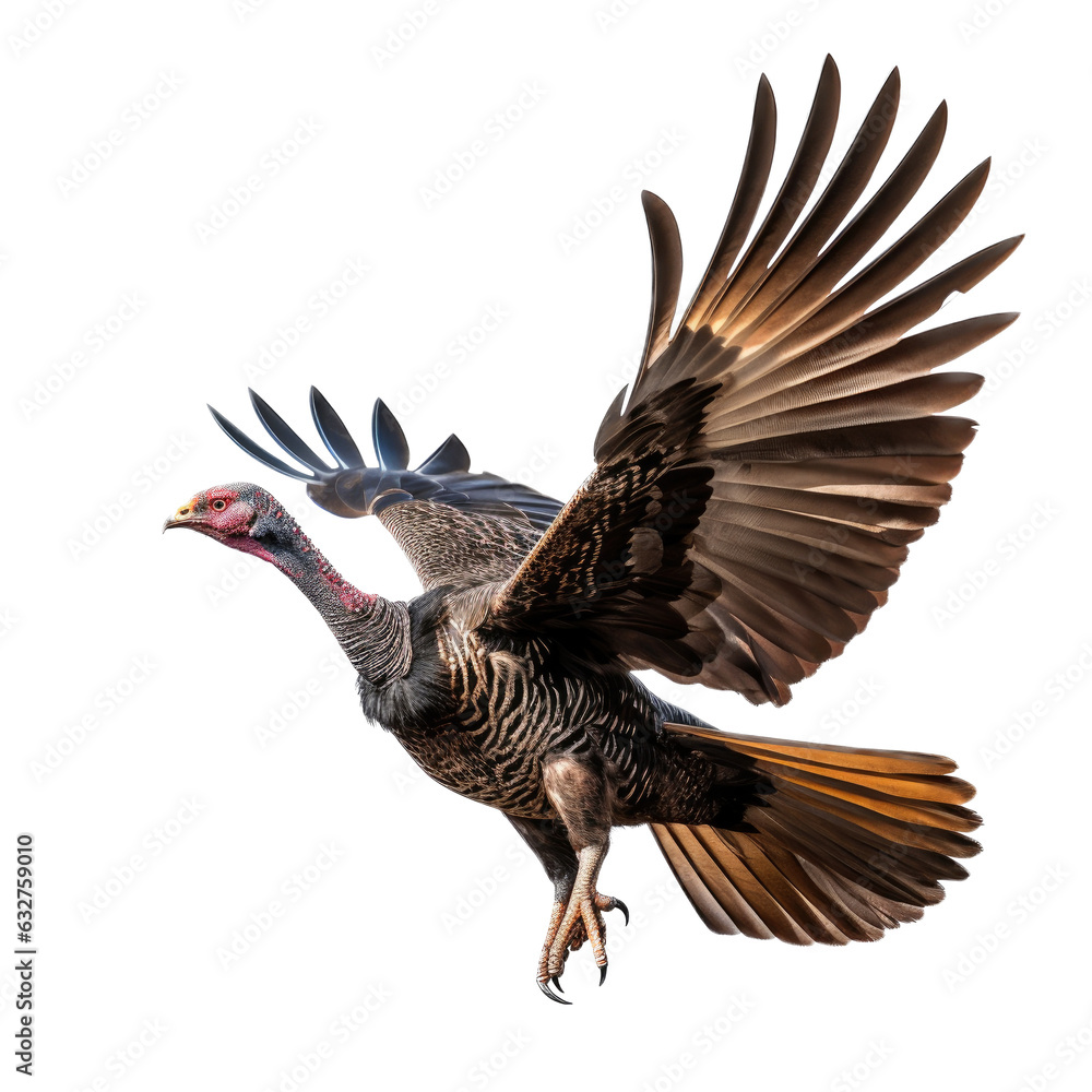 Obraz premium a Wild Turkey in-flight in a Wildlife-themed, photorealistic illustration in a PNG format, cutout, and isolated. Generative AI