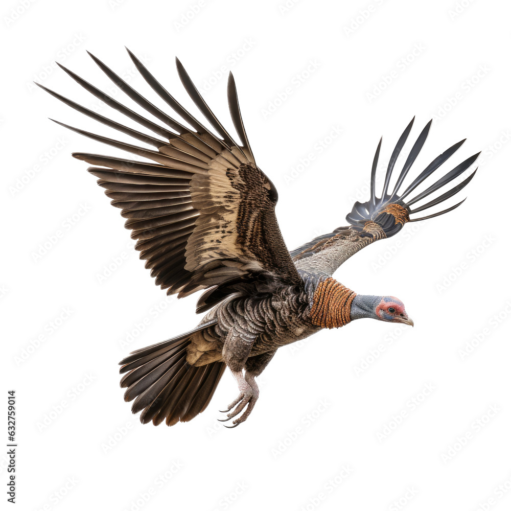 Fototapeta premium a Wild Turkey in-flight in a Wildlife-themed, photorealistic illustration in a PNG format, cutout, and isolated. Generative AI