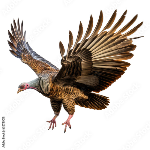 a Wild Turkey in-flight in a Wildlife-themed, photorealistic illustration in a PNG format, cutout, and isolated. Generative AI