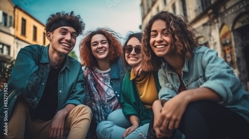 A group of young people friends of different nationalities taking selfies and smiling. Portrait, close-up. Group photo