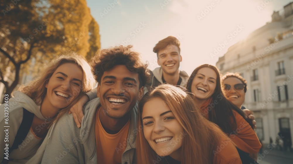 A group of young people friends of different nationalities taking selfies and smiling. Portrait, close-up. Group photo A group of young people friends of different nationalities taking selfies and smiling. Portrait, close-up. Group photo