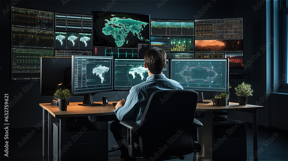 man in shirt back view sitting at desk with monitor screens on internet looking at map of world, spy hacking network, created with Generative AI Technology.