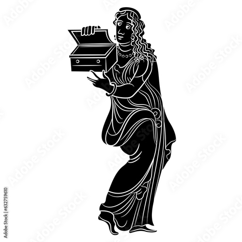 Ancient Greek girl holding an open box. Pandora. Vase painting style. Black and white negative silhouette.