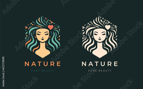 Logo for business in the industry of pure beauty, spa, health, personal hygiene. Beautiful image of floral woman face. Logo of a beauty salon, vegan cafe, health industry, makeup artist