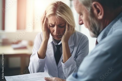 mature woman with a severe headache and a doctor taking care of the patient