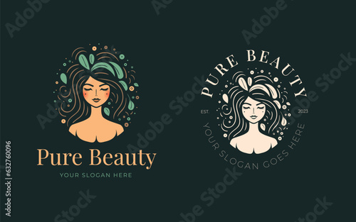 Logo for business in the industry of pure beauty, spa, health, personal hygiene. Beautiful image of floral woman face. Logo of a beauty salon, vegan cafe, health industry, makeup artist