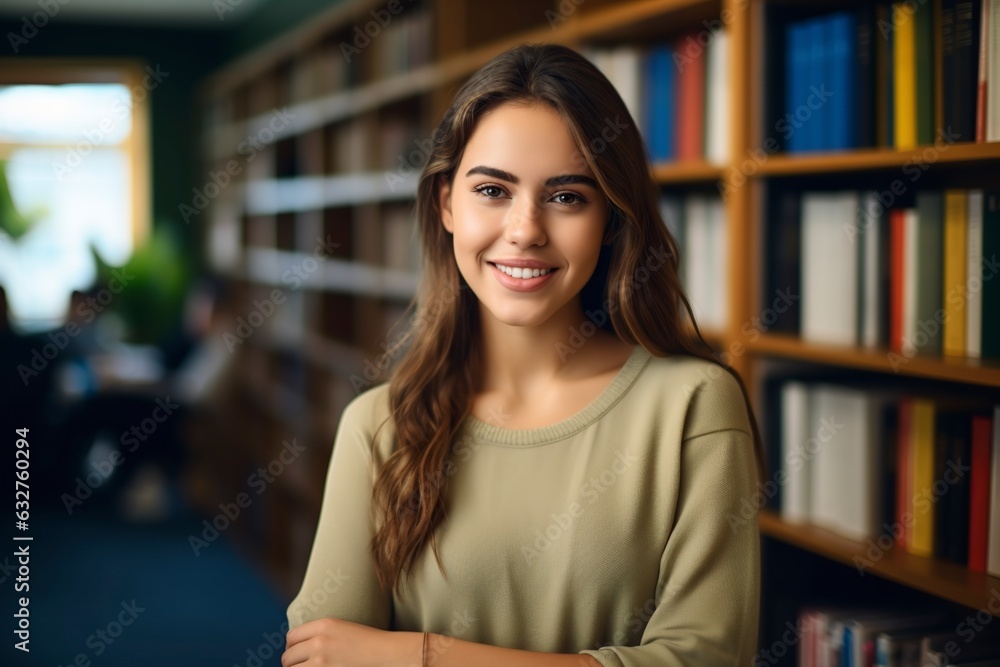 a college student in a bookstore posing to the camera a college student in a bookstore posing to the camera