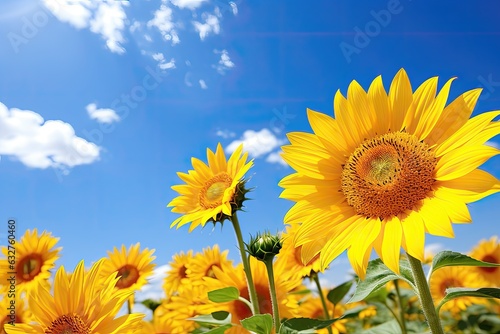 Sunflower field over cloudy blue sky  natural background