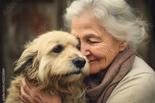 grandmother hugging a beautiful dog outdoors