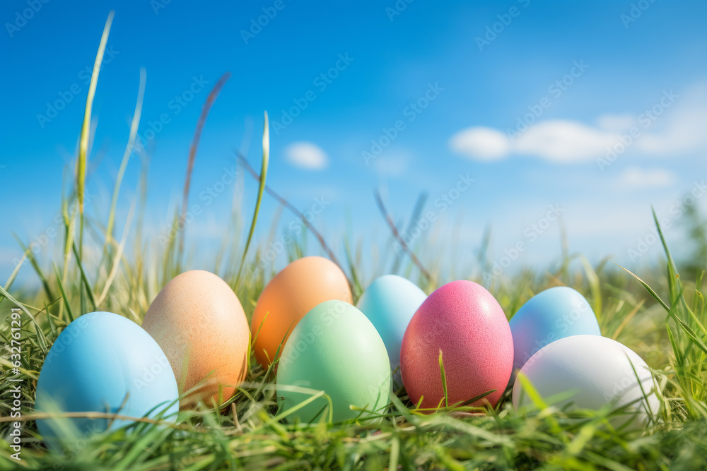 Colorful eggs on grass with blue sky background, with space for text