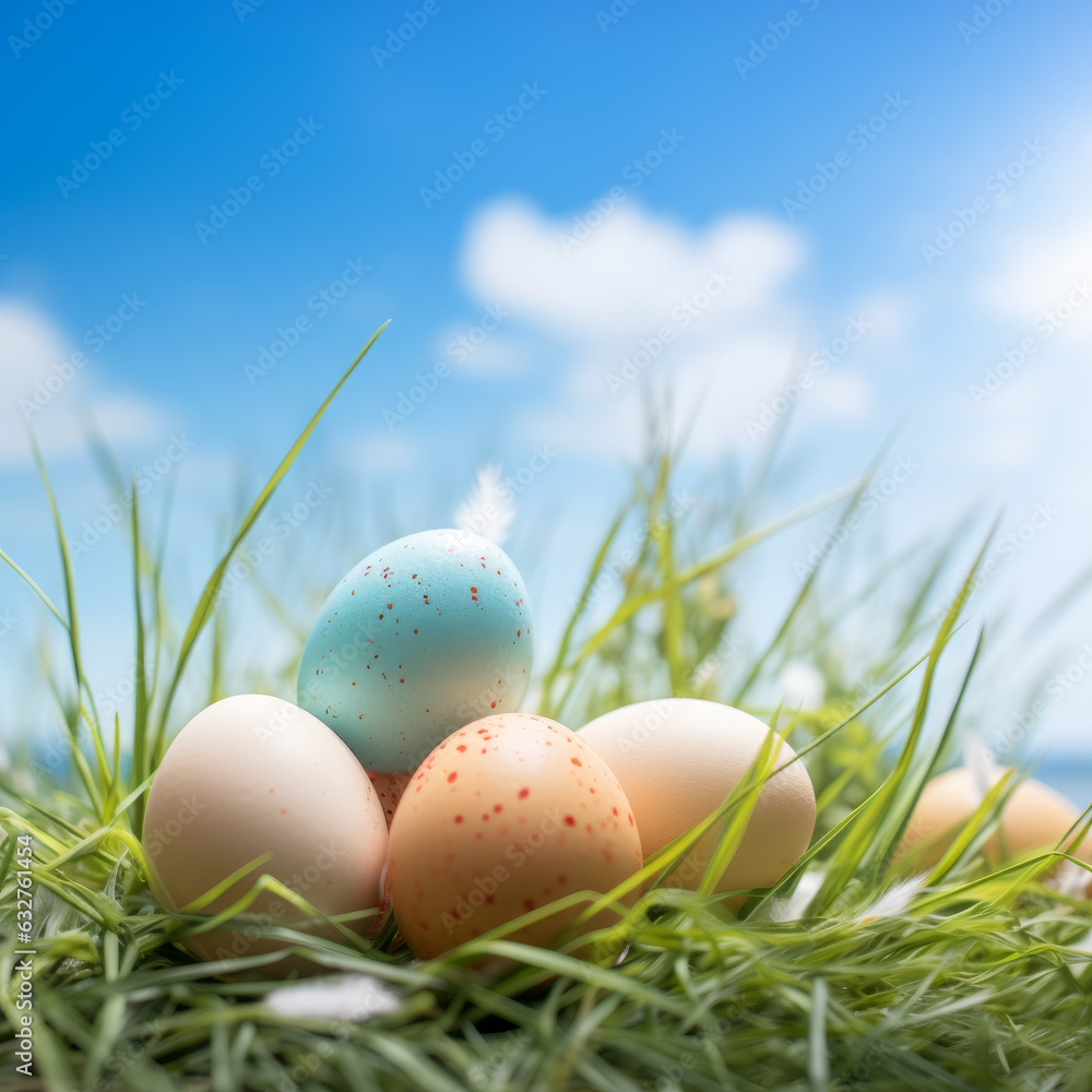Colorful eggs on grass with blue sky background, with space for text Colorful eggs on grass with blue sky background, with space for text