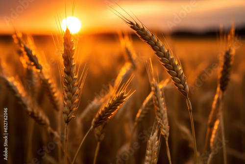 Close up of golden wheat field during sunset