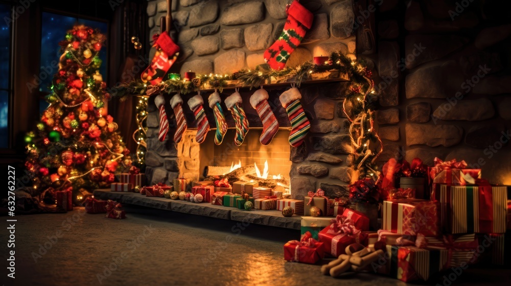Christmas Tree with Fireplace and Stockings for Xmas Promotion. Christmas Stockings Hanging on Fireplace Mantel Near to Christmas Tree. Christmas Stockings on a Background with a Copy Space.