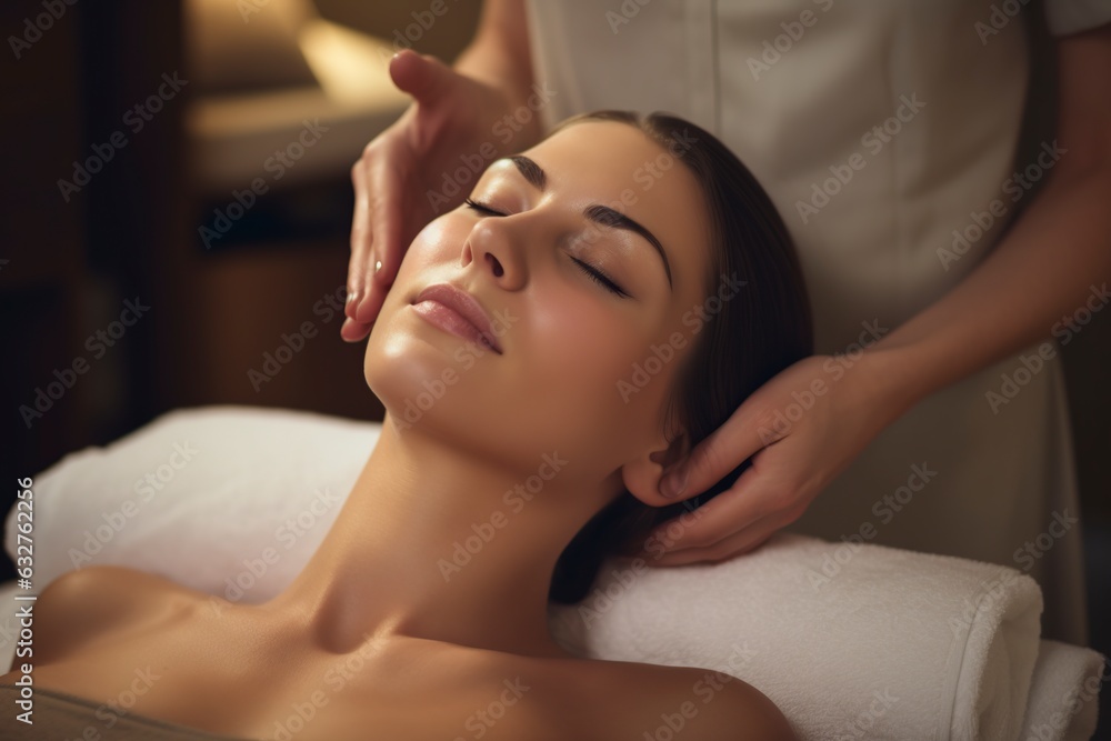 young woman receiving facial massage at spa
