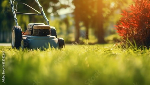 Gardener Trimming Grass Lawn with Electric Cordless Mower. Generative ai