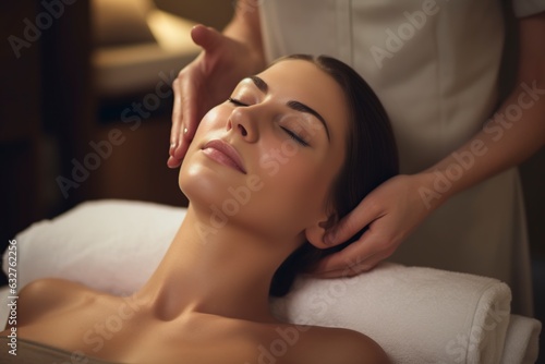 young woman receiving facial massage at spa