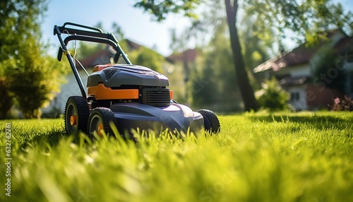 Gardener Trimming Grass Lawn with Electric Cordless Mower. Generative ai