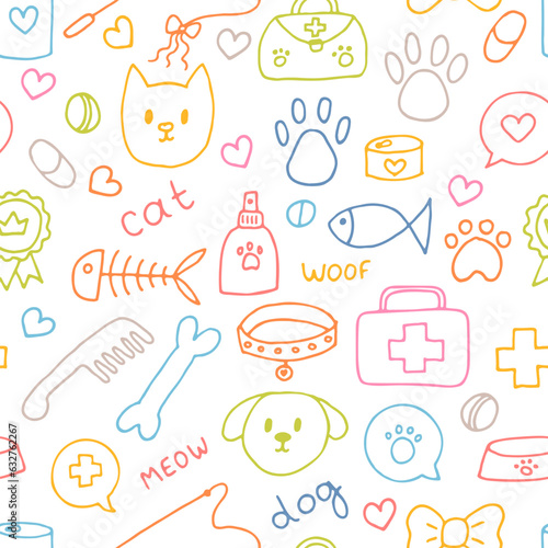 Cute pet seamless pattern. Hand drawn animal background for pet shop, store or vet. Veterinary medicine