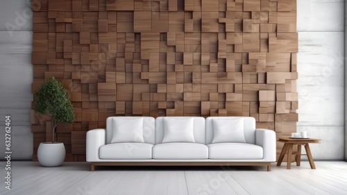 Wooden random wall and white sofa background. Modern interior room created with Generative AI