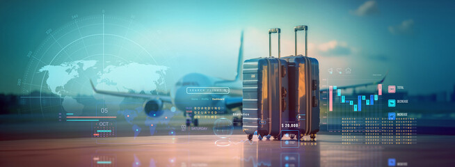 planning for business travel trip schedule and searching for a flight booking or for vacations and holiday travel concepts as wide banner of luggage suitcases at the airport with copy space area