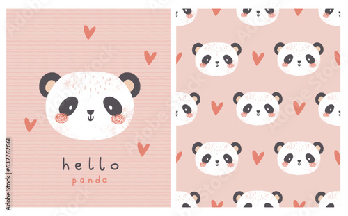 cute hand drawn panda bear, vector card and seamless pattern background, kids pink decorative greeting illustration with cute red hearts and hello word