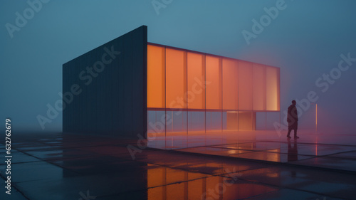 Evening view of minimalist modern house with big glass windows, man walking in foggy weather.