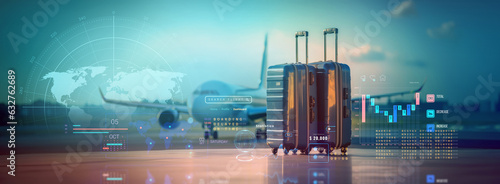 planning for business travel trip schedule and searching for a flight booking or for vacations and holiday travel concepts as wide banner of luggage suitcases at the airport with copy space area