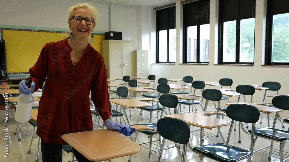 Obraz premium Portrait of pretty woman teacher with spray bottle, gloves, rag, wiping, cleaning and disinfecting school desks in a classroom.