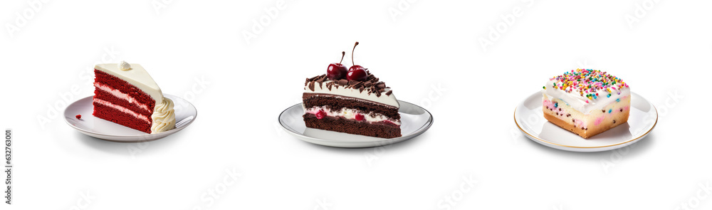 three cake slices of red velvet, chocolate cherry black forest and funfetti sprinkles sponge cake plate as sweet dessert menu plates isolated on transparent png background three cake slices of red velvet, chocolate cherry black forest and funfetti sprinkles sponge cake plate as sweet dessert menu plates isolated on transparent png background