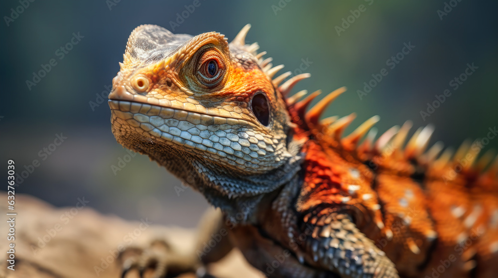 Lizard Portrait: A Detailed View of the Orange and Brown Skin and Eye of a Spiky and Tropical Animal AI Generative