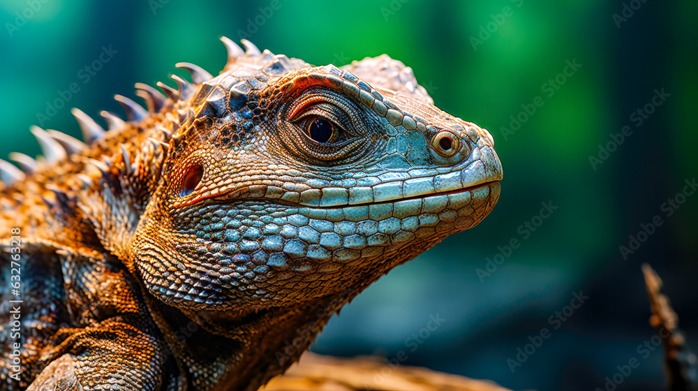 Green Iguana Portrait: A Detailed View of the Exotic and Beautiful Reptile with Orange Eyes with Colorful and Scaly Head AI Generative Green Iguana Portrait: A Detailed View of the Exotic and Beautiful Reptile with Orange Eyes with Colorful and Scaly Head AI Generative