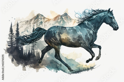 The horse gallops in the mountains. Illustration in watercolor style. Generative AI