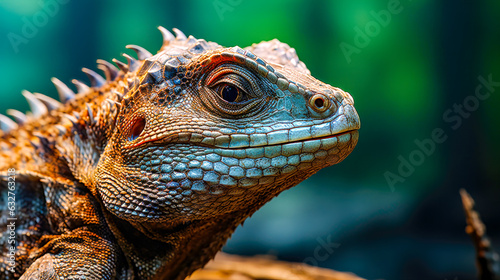 Green Iguana Portrait  A Detailed View of the Exotic and Beautiful Reptile with Orange Eyes with Colorful and Scaly Head AI Generative