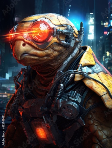 Wallpaper for phone with a cyborg tortoise in cyberpunk style