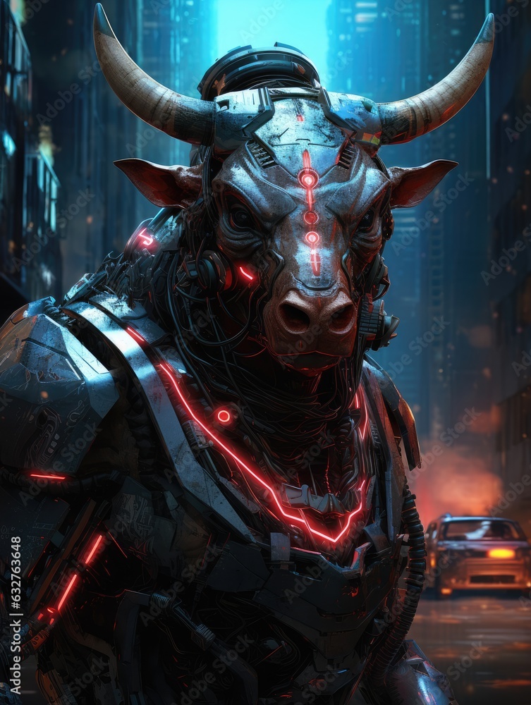 Wallpaper for phone with a сyborg bull in cyberpunk style
