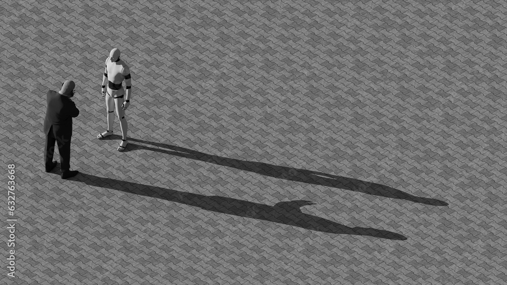 AI humanoid cyborg talking to a businessman on the street. 3D rendering illustration Artificial Intelligence Smart factory, industry 4.0, M2M computer-aided manufacturing concept idea in 8k resolution AI humanoid cyborg talking to a businessman on the street. 3D rendering illustration Artificial Intelligence Smart factory, industry 4.0, M2M computer-aided manufacturing concept idea in 8k resolution