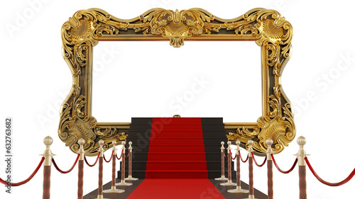 3D render of red carpet with staires in the end leading to golden frame, vip concept photo