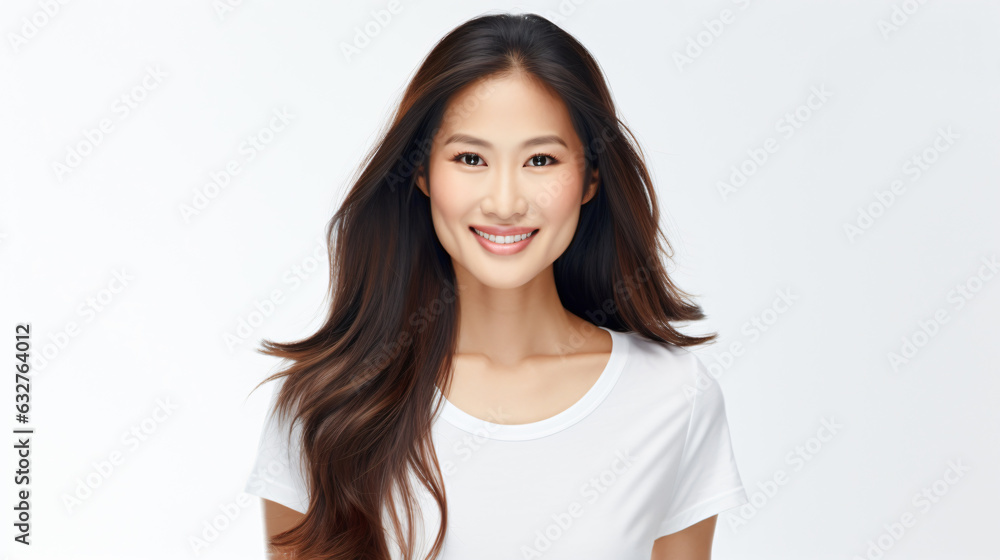portrait of an attractive asian female in her 30s with long black hair isolated against a white background portrait of an attractive asian female in her 30s with long black hair isolated against a white background