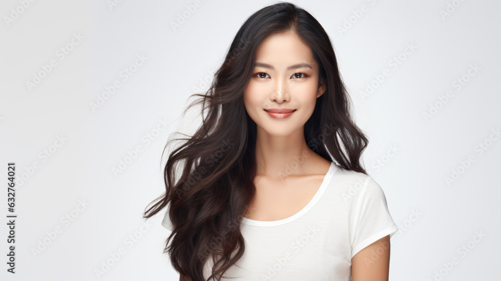 portrait of an attractive asian female in her 30s with long black hair isolated against a white background portrait of an attractive asian female in her 30s with long black hair isolated against a white background
