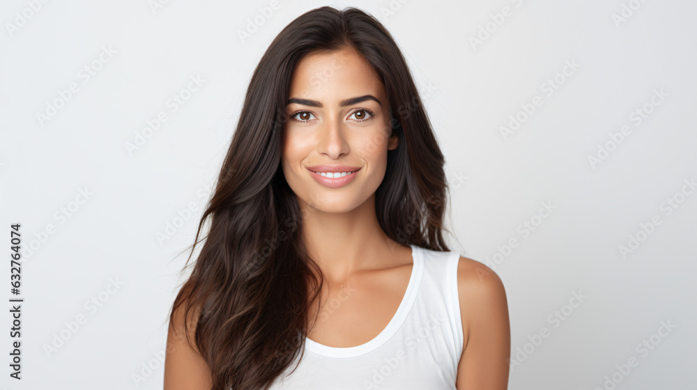 portrait of an attractive female in her 30s with long black hair isolated against a white background portrait of an attractive female in her 30s with long black hair isolated against a white background