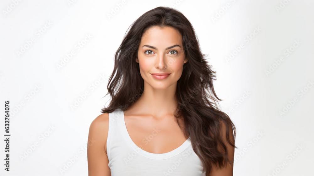 portrait of an attractive female in her 30s with long brown hair isolated against a white background portrait of an attractive female in her 30s with long brown hair isolated against a white background