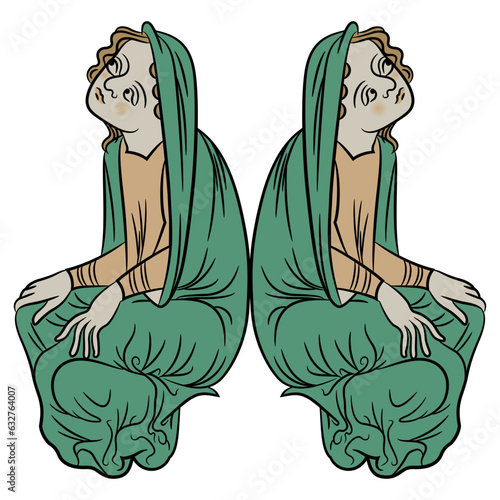 
Symmetrical design with two sitting medieval women. Illuminated manuscript motif. Isolated vector illustration.