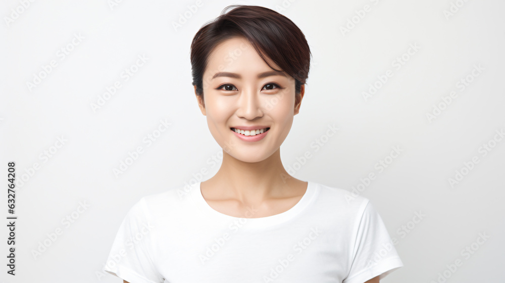 portrait of an attractive asian female in her 30s with a short black hair isolated against a white background portrait of an attractive asian female in her 30s with a short black hair isolated against a white background