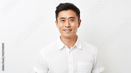 Portrait of an smiling attractive asian man in his 30s isolated against a white background