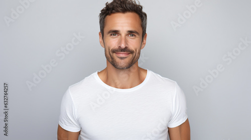 portrait of an attractive male in his 30s with a beard smile and looking into the camera isolated against a white background