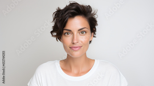 portrait of an attractive female in her 30s with a short brown hair isolated against a white background