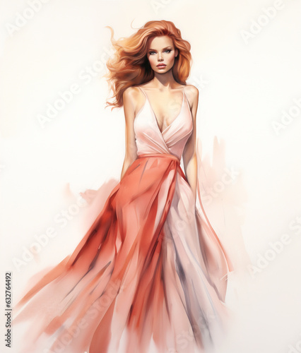 Beautiful fashionable young red head woman in evening dress, fashion sketch illustration style
