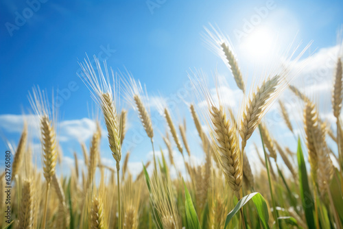 Close up of golden wheat field under blue sky.
